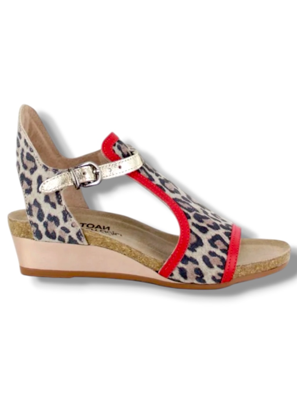 Naot Fiona Leopard Print Red Leather Trim Wedge Sandals Cork Us 7 Eu 38